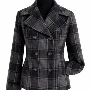 Old Navy Black & Gray Plaid Pea Coat – Size Small